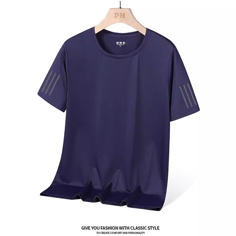 Nano Small Hole Round Neck Ice Silk Men'S And Women'S Same Loose Plus Size Three Bars Solid Color Casual Sports High Elastic Plus Size Top - Image 3
