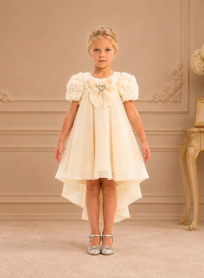 فيا بامبينو Champagne Rosette Puff-Sleeve Heart-Bow Dress 3356