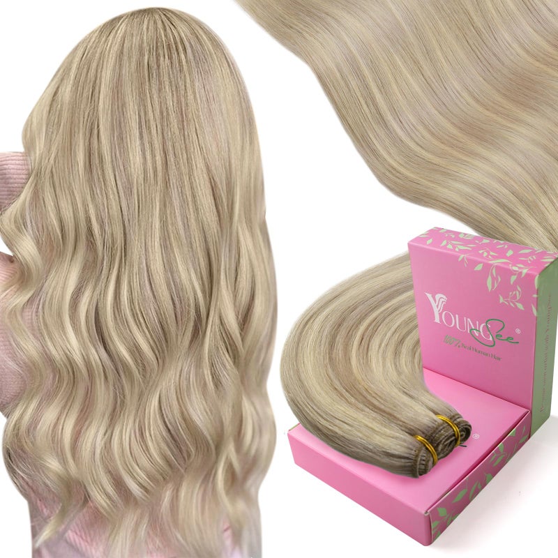 YoungSee 100G 14Inch Sew in Hair Extensions Real Human Hair Blonde Highlight Weft Hair Extensions Warm Ash Blonde Highlights Bleach Blonde Human Hair Weft Extensions for Short