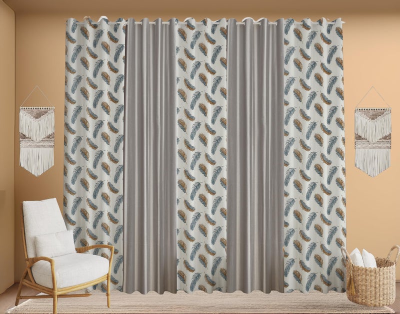 YUKANY Polyester Feather Printed Curtains 9 Feet Long Set of 5 for Window & Door, Living Room, Bedroom | Eyelet | Parda | Grey - Image 1
