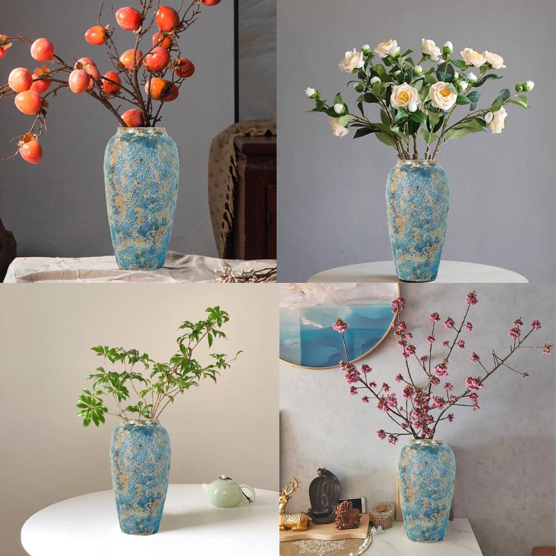 LFGKeng Rustic Ceramic Flower Vase, Tall 13.8in Large Vintage Blue Vases, Handmade Distressed Farmhouse Vase, Unique Pottery Clay Vases for Living Room Floor, Bedroom, Bookshelf, Dining Room, Home Decor - Image 3
