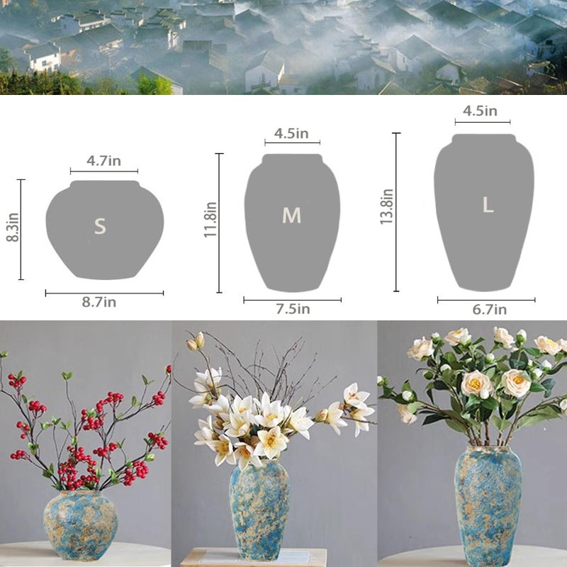 LFGKeng Rustic Ceramic Flower Vase, Tall 13.8in Large Vintage Blue Vases, Handmade Distressed Farmhouse Vase, Unique Pottery Clay Vases for Living Room Floor, Bedroom, Bookshelf, Dining Room, Home Decor - Image 5