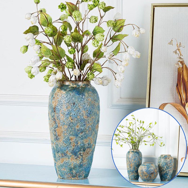 LFGKeng Rustic Ceramic Flower Vase, Tall 13.8in Large Vintage Blue Vases, Handmade Distressed Farmhouse Vase, Unique Pottery Clay Vases for Living Room Floor, Bedroom, Bookshelf, Dining Room, Home Decor - Image 1