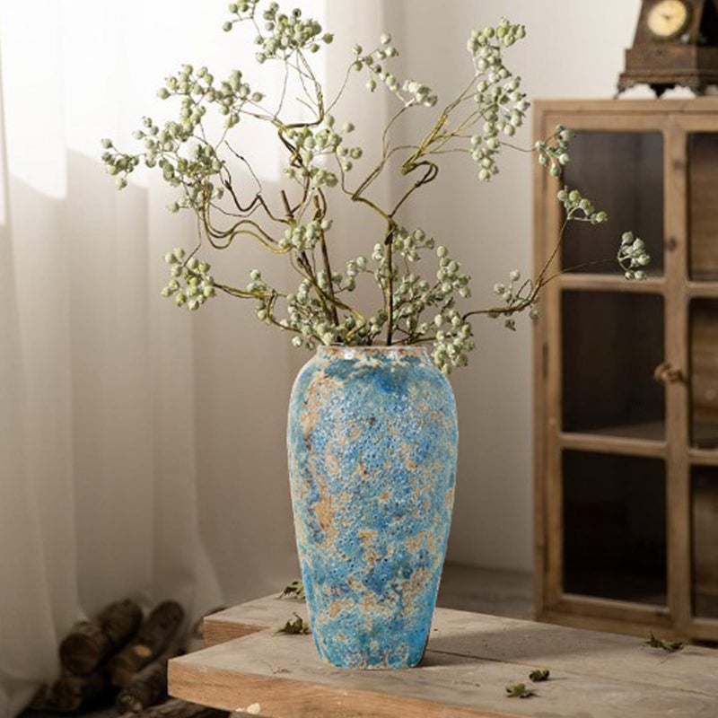 LFGKeng Rustic Ceramic Flower Vase, Tall 13.8in Large Vintage Blue Vases, Handmade Distressed Farmhouse Vase, Unique Pottery Clay Vases for Living Room Floor, Bedroom, Bookshelf, Dining Room, Home Decor - Image 2