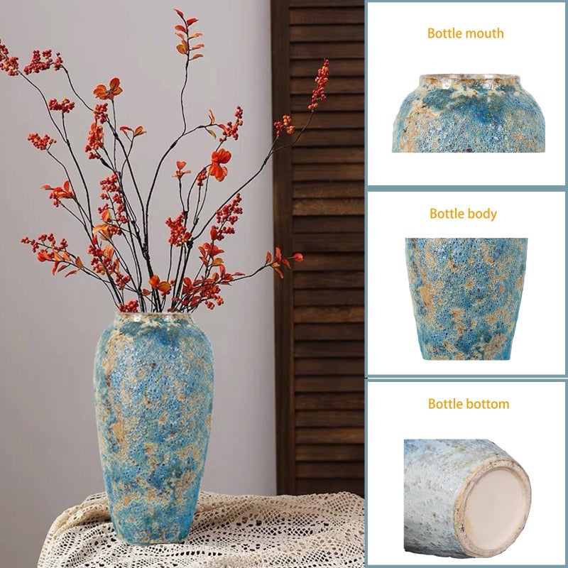 LFGKeng Rustic Ceramic Flower Vase, Tall 13.8in Large Vintage Blue Vases, Handmade Distressed Farmhouse Vase, Unique Pottery Clay Vases for Living Room Floor, Bedroom, Bookshelf, Dining Room, Home Decor - Image 4