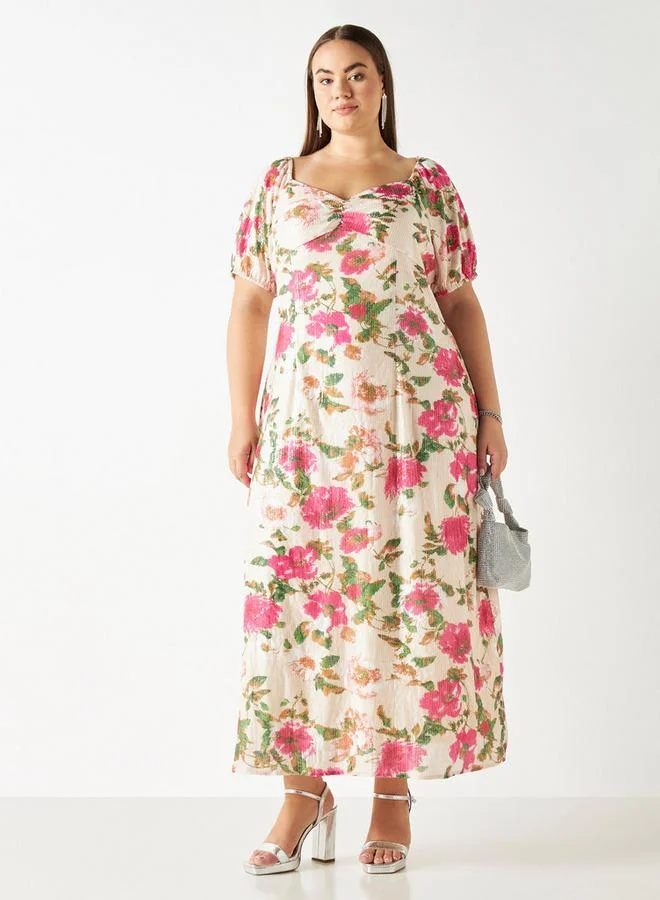 2Xtremz 2Xtremz Sequin Embellished Floral Print Dress with Puff Sleeves