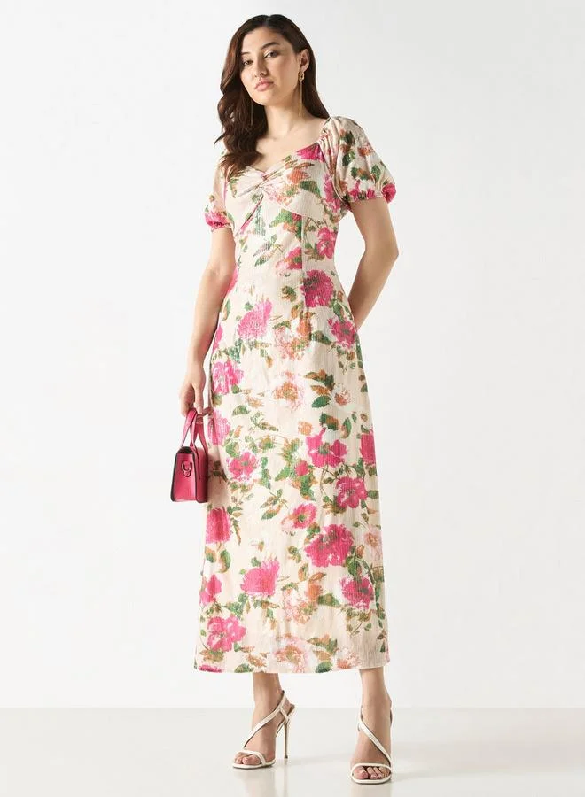 2Xtremz 2Xtremz Sequin Embellished Floral Print Dress with Puff Sleeves