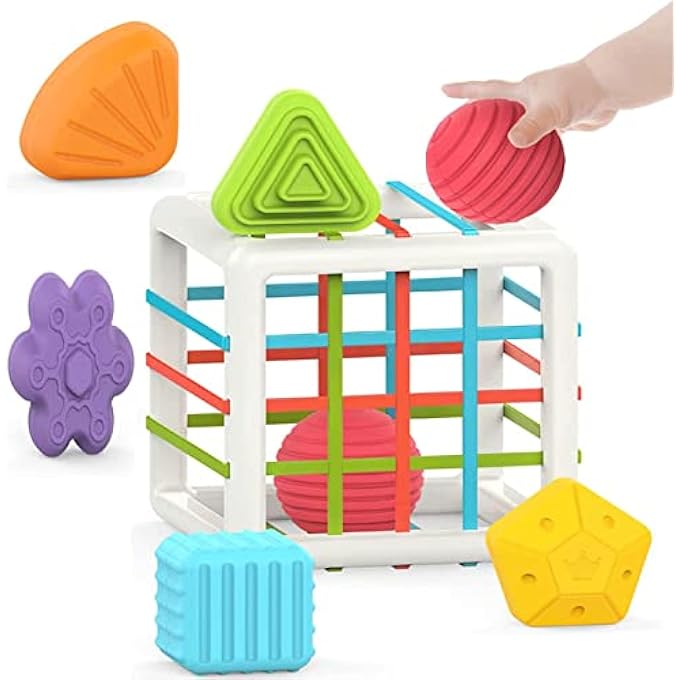 6 PCS MULTI SENSORY SHAPE SORTING CUBE TOYS FOR KIDS WITH ELASTIC BANDS, 6 DIFFERENT SHAPE SORTER BLOCKS FOR KIDS | LEARNING STACKING SORTING BLOCKS TOYS FOR KIDS TODDLERS 1+ YEARS BOY GIRL - Image 1