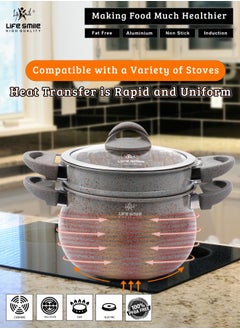 Life Smile 28cm (12 Litre) Multipurpose Stock Pot and Steamer Pot Set - Induction Couscoussier with PFOA-free Aluminum Non Stick 2-tier Cooking Pot with Lid for Soups,Seafood,Vegetables,Stews and Pasta  - Image 5