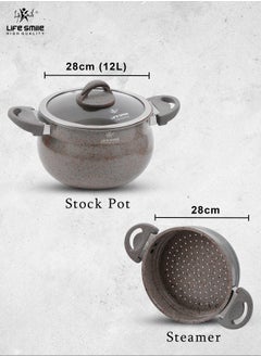 Life Smile 28cm (12 Litre) Multipurpose Stock Pot and Steamer Pot Set - Induction Couscoussier with PFOA-free Aluminum Non Stick 2-tier Cooking Pot with Lid for Soups,Seafood,Vegetables,Stews and Pasta  - Image 2