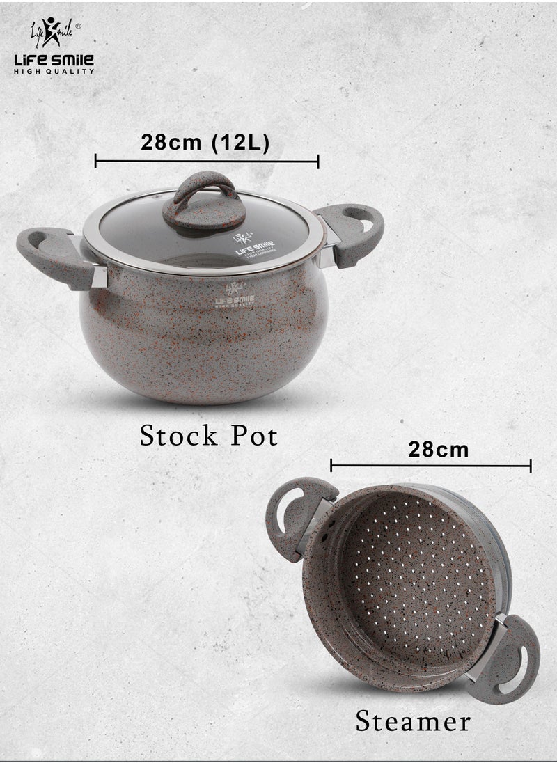 Life Smile 28cm (12 Litre) Multipurpose Stock Pot and Steamer Pot Set - Induction Couscoussier with PFOA-free Aluminum Non Stick 2-tier Cooking Pot with Lid for Soups,Seafood,Vegetables,Stews and Pasta  - Image 2