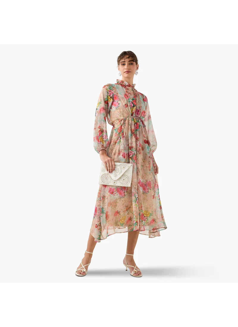 2Xtremz 2Xtremz Floral Print Ruffle Neck Midi Dress