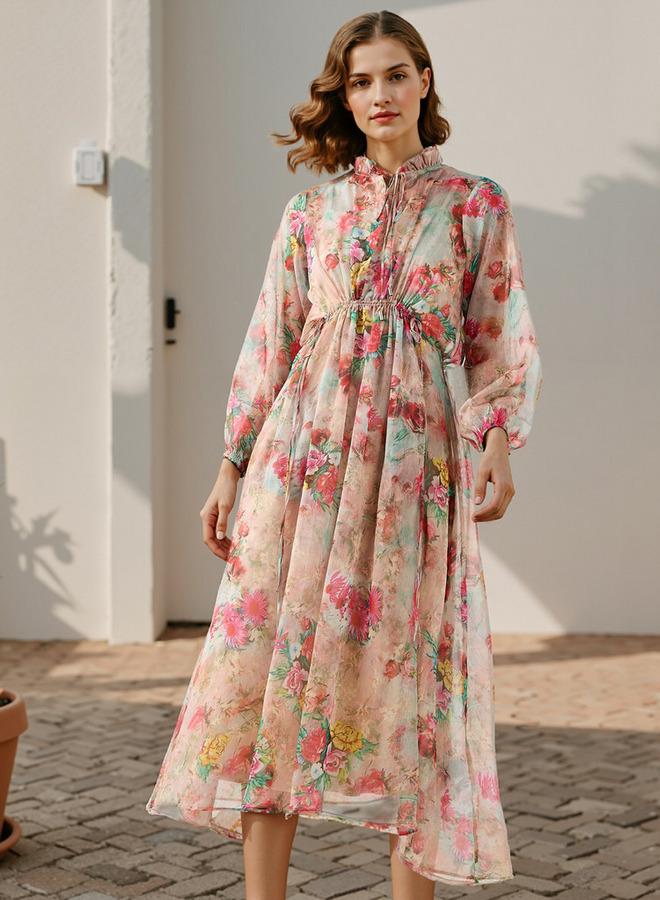 تواكستريمز فستان ميدي بطبعات زهور ورقبة مكشكشة من تو إكستريمز - Image 1