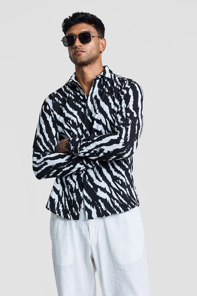 SNITCH Black Animal Print Long Sleeve Slim Fit Casual Shirt