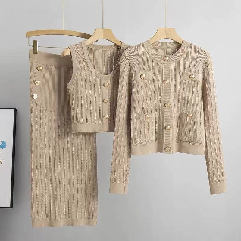Fashion Suit Womens Long-Sleeved Stand-Up Collar Single-Breasted Knitted Cardigan Jacket Three-Piece Vest High-Waisted Hip Skirt Khaki three-piece set