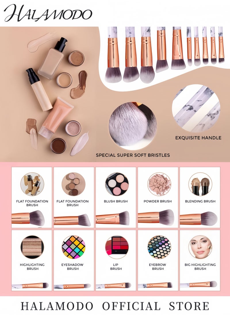 HALAMODO 10 Pcs Professional Marble Makeup Brush Set with Soft Odor-Free Natural Synthetic Bristles Includes Eyeshadow Lip Makeup Brushes Ideal for Full Face Professional Makeup Applications  - Image 3