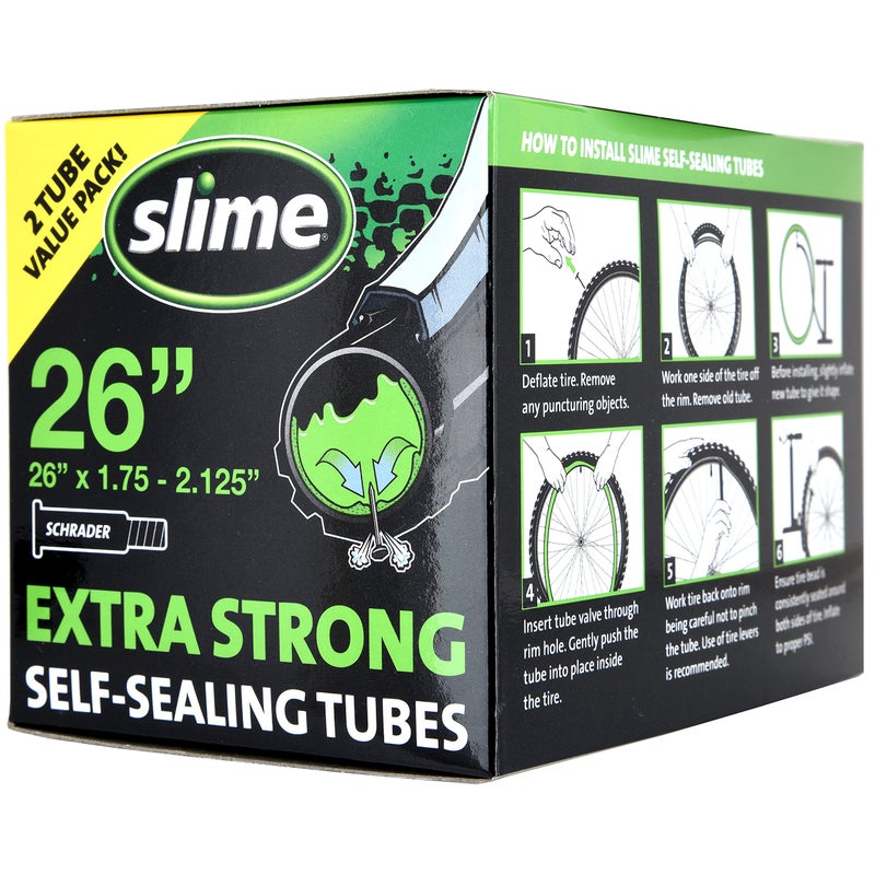 Slime 30074 Bike Inner Tubes with Slime Puncture Sealant, Extra Strong, Self Sealing, Prevent and Repair, Schrader Valve, 26"x1.75-2.125", Value 2-Pack - Image 1