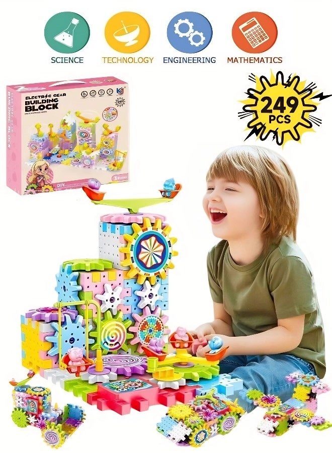 This 249-piece STEM electric gear building block set is a children's building block set, a Montessori toddler building block toy, and a children's cube, suitable for early childhood development. It is an ideal gift for boys and girls aged 3 and up. - Image 1
