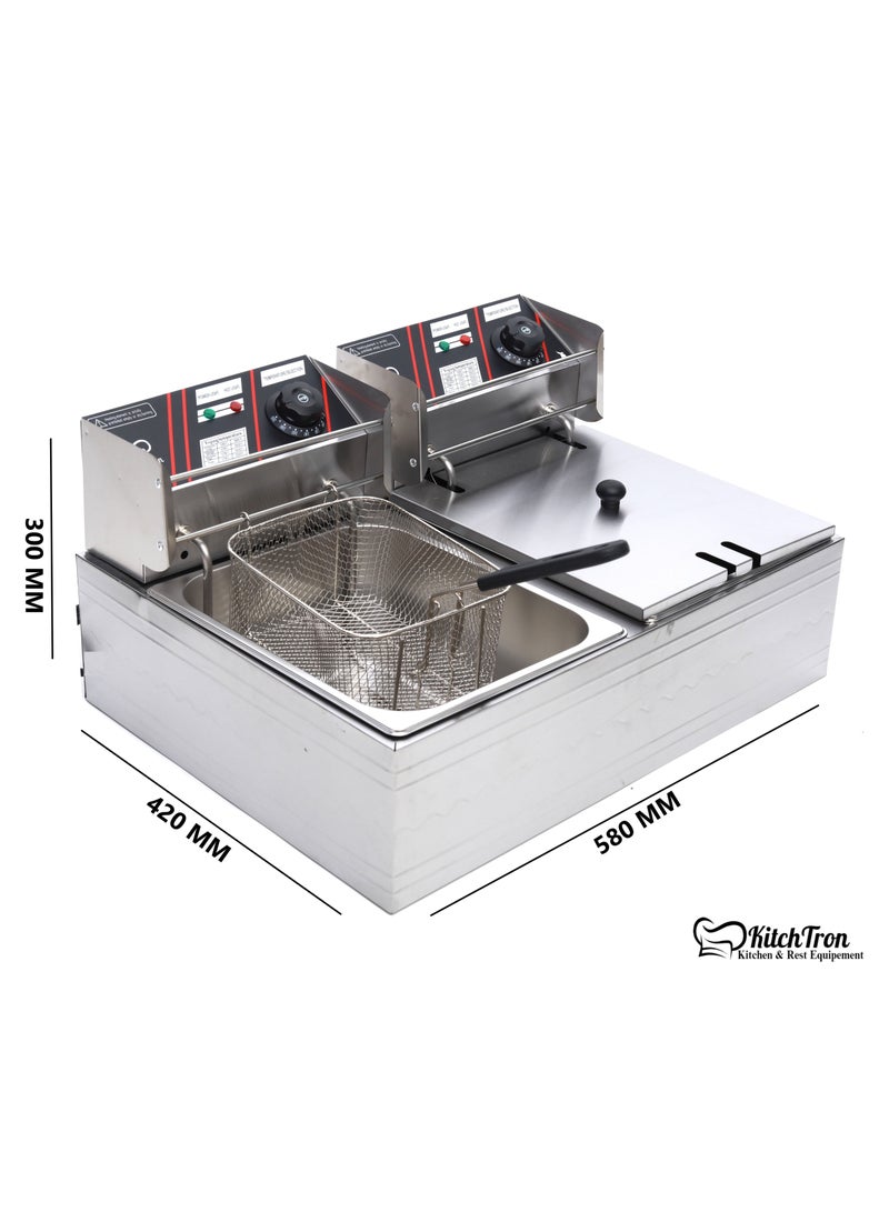 KitchTron Double Deep Fryer Stylish Black Panel ,Stainless Steel Dual Tank Fryer with 2 Baskets.Dual Adjustable Temperature Control.Ideal for Home and Commercial Restaurants. 6Lx2, 2500W with Lids. - Image 2