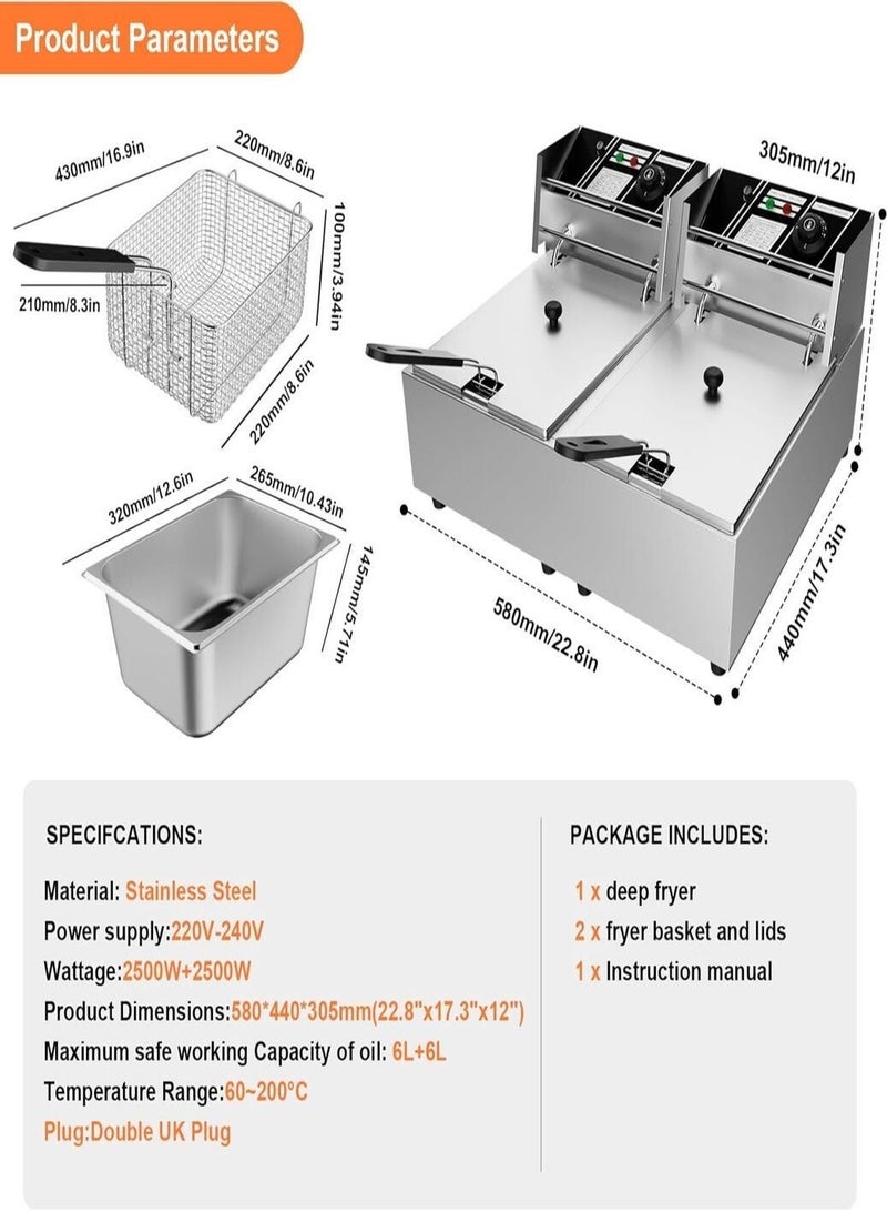 KitchTron Electric Deep Fryer 6L+6L Double Tank Commercial Heavy Duty Countertop Deep Fryer, Independent 2.5kW+2.5kW Heating, Adjustable Thermostat 60–200°C, Stainless Steel, 12L Total Capacity - Image 2