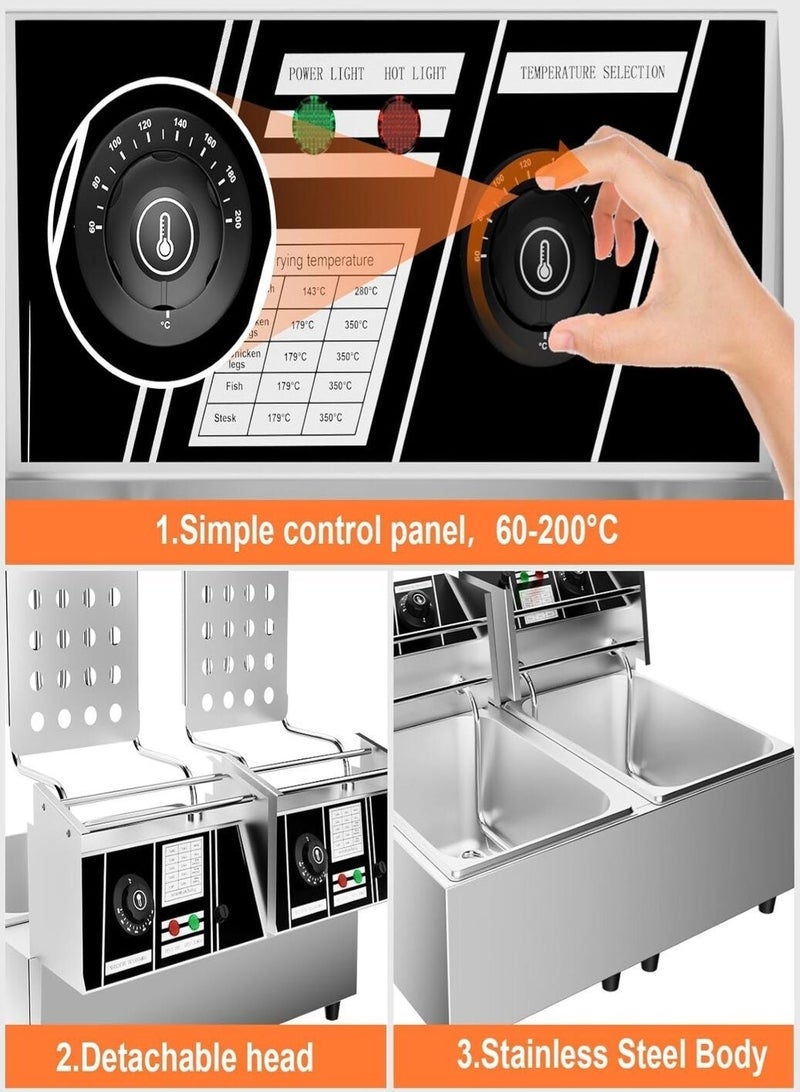 KitchTron Electric Deep Fryer 6L+6L Double Tank Commercial Heavy Duty Countertop Deep Fryer, Independent 2.5kW+2.5kW Heating, Adjustable Thermostat 60–200°C, Stainless Steel, 12L Total Capacity - Image 5