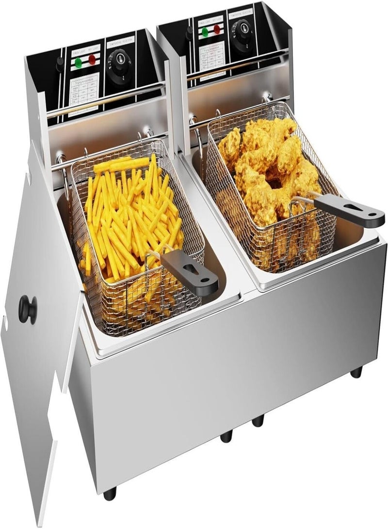 KitchTron Electric Deep Fryer 6L+6L Double Tank Commercial Heavy Duty Countertop Deep Fryer, Independent 2.5kW+2.5kW Heating, Adjustable Thermostat 60–200°C, Stainless Steel, 12L Total Capacity - Image 1