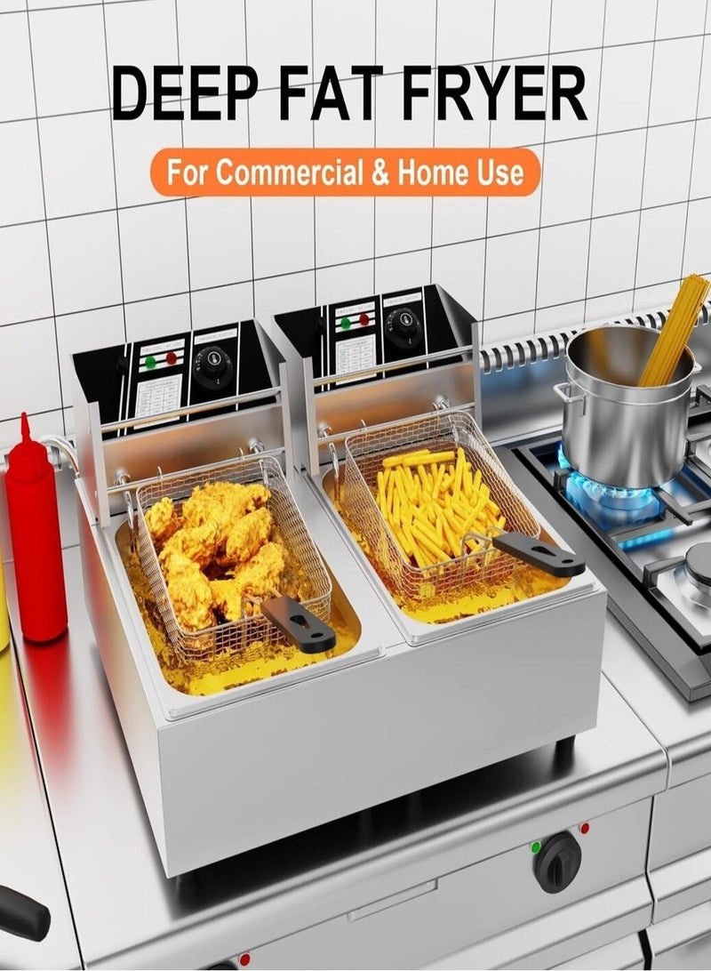 KitchTron Electric Deep Fryer 6L+6L Double Tank Commercial Heavy Duty Countertop Deep Fryer, Independent 2.5kW+2.5kW Heating, Adjustable Thermostat 60–200°C, Stainless Steel, 12L Total Capacity - Image 3
