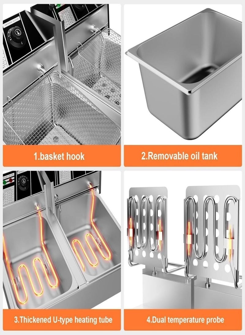 KitchTron Electric Deep Fryer 6L+6L Double Tank Commercial Heavy Duty Countertop Deep Fryer, Independent 2.5kW+2.5kW Heating, Adjustable Thermostat 60–200°C, Stainless Steel, 12L Total Capacity - Image 4