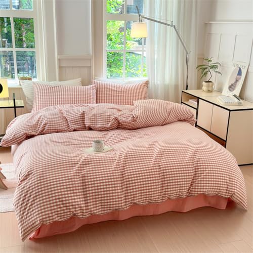 Mucalis Pink Gingham Duvet Cover King 100% Washed Cotton Brown Pink Plaid Checkered Duvet Cover Set Vintage 3 Piece Grid Bedding Set with Zipper Closure 4 Corner Ties,Durable,Breathable,Easy Care - Image 3