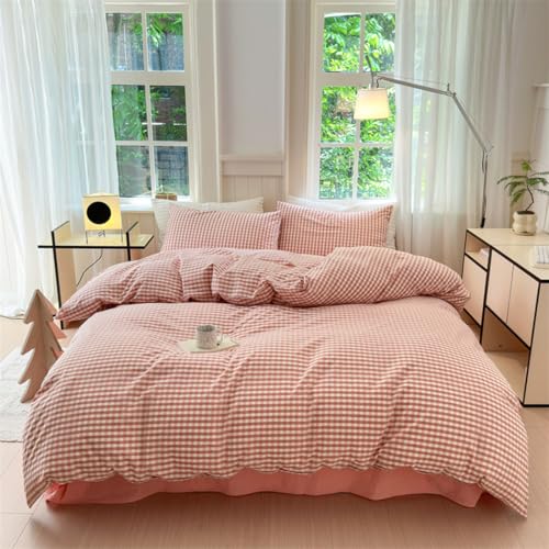 Mucalis Pink Gingham Duvet Cover King 100% Washed Cotton Brown Pink Plaid Checkered Duvet Cover Set Vintage 3 Piece Grid Bedding Set with Zipper Closure 4 Corner Ties,Durable,Breathable,Easy Care - Image 2