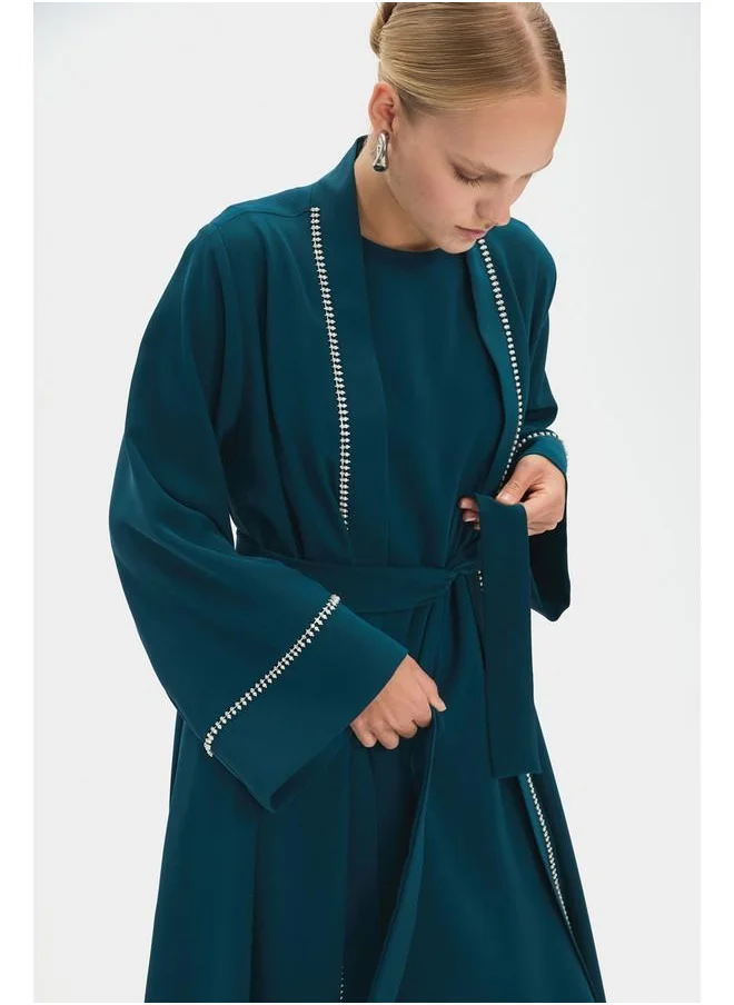 JUNE June Women Stone Detailed Flowy Abaya Teal