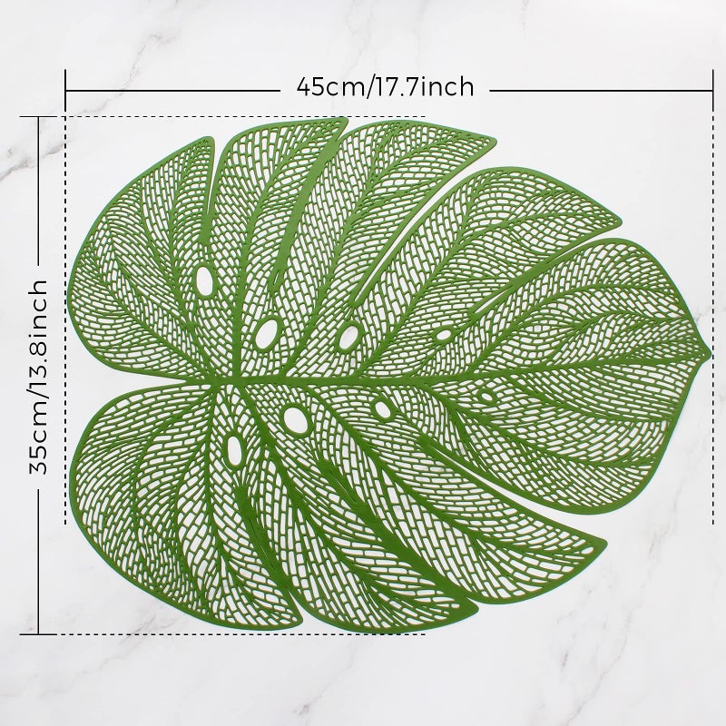 Evevda Green Leaf Shaped Vinyl Placemats for Dinner Table Set of 6 Metallic Plastic Green Place Mats Wipeable 6Pcs Table Mats for Wedding Annersary Dinner Table Decoration Mats(17.7x13.8inch/45x35cm) - Image 3