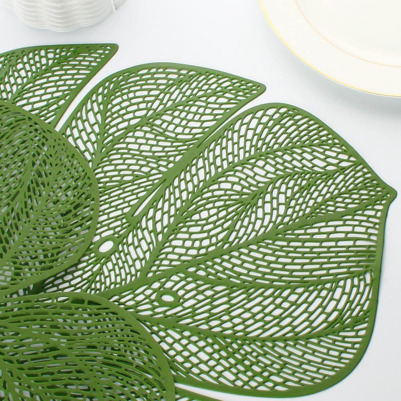 Evevda Green Leaf Shaped Vinyl Placemats for Dinner Table Set of 6 Metallic Plastic Green Place Mats Wipeable 6Pcs Table Mats for Wedding Annersary Dinner Table Decoration Mats(17.7x13.8inch/45x35cm) - Image 5