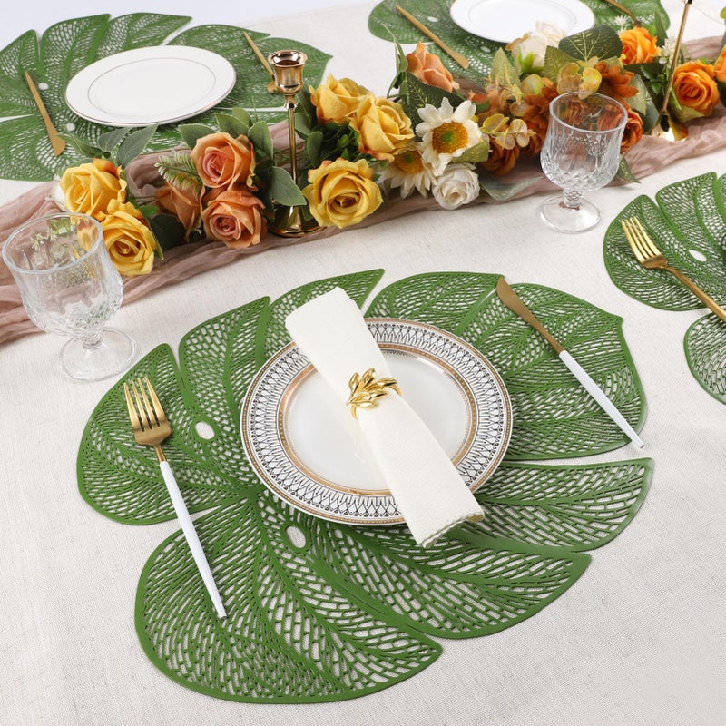 Evevda Green Leaf Shaped Vinyl Placemats for Dinner Table Set of 6 Metallic Plastic Green Place Mats Wipeable 6Pcs Table Mats for Wedding Annersary Dinner Table Decoration Mats(17.7x13.8inch/45x35cm) - Image 4