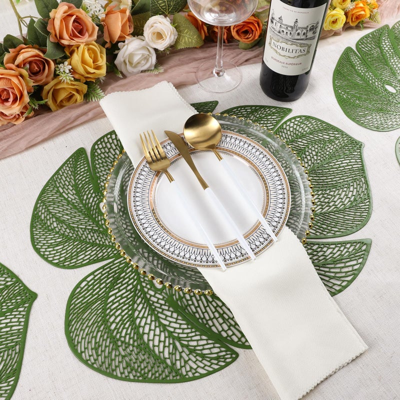 Evevda Green Leaf Shaped Vinyl Placemats for Dinner Table Set of 6 Metallic Plastic Green Place Mats Wipeable 6Pcs Table Mats for Wedding Annersary Dinner Table Decoration Mats(17.7x13.8inch/45x35cm) - Image 2