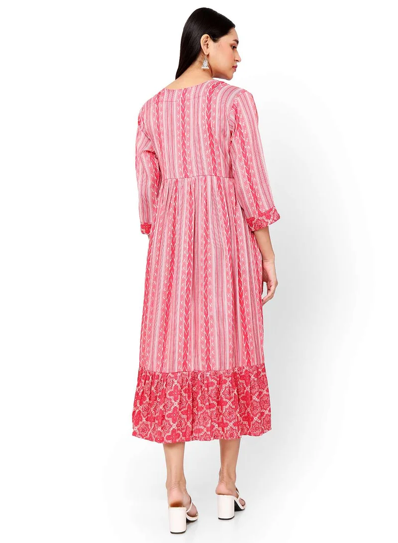 HANA & SARA STRIP PRINTED RED COLOUR SHORT FRONT STYLED BUTTONED  ARABIC KAFTAN JALABIYA DRESS