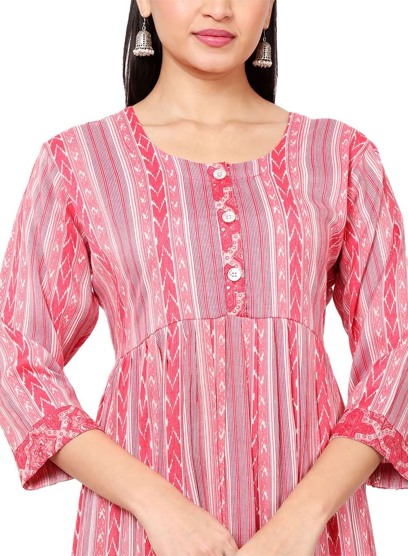 HANA & SARA STRIP PRINTED RED COLOUR SHORT FRONT STYLED BUTTONED  ARABIC KAFTAN JALABIYA DRESS