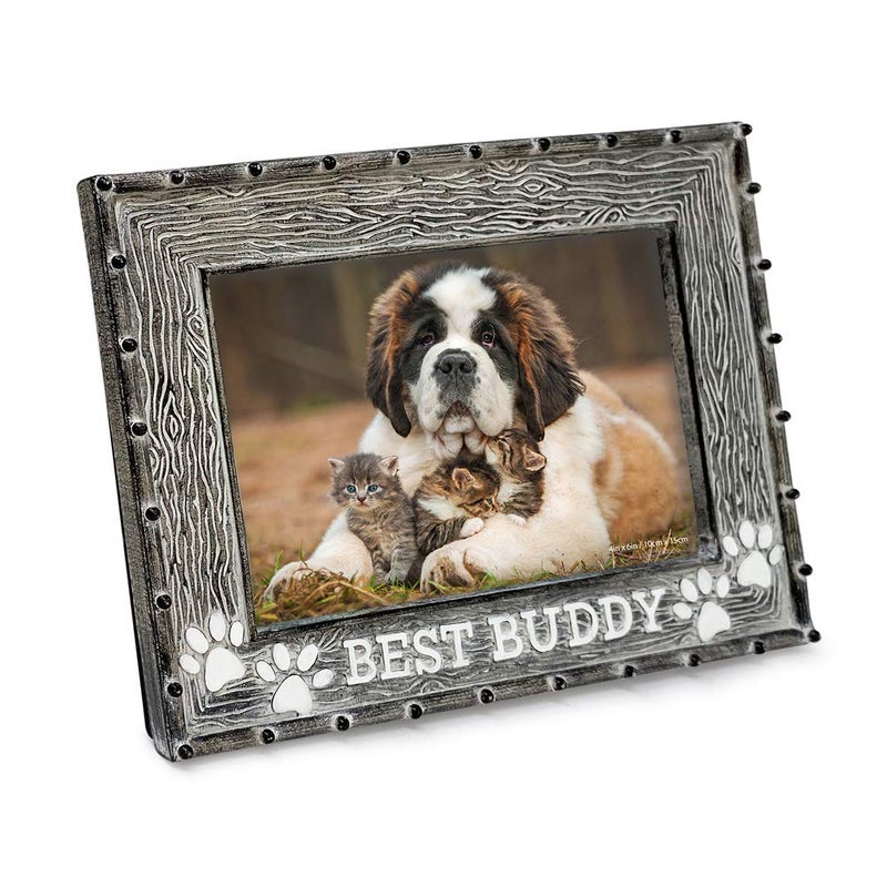 Isaac Jacobs 4 x 6 Resin Sentiments Dog Best Buddy Picture Frame Horizontal Keepsake Photo Frame with Easel and Hanging Tabs for Tabletop Desktop  Wall Display Gray