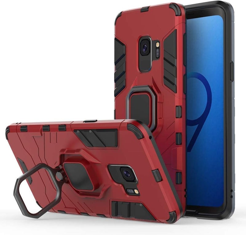 مايجين متوافق مع حافظة Galaxy S9، حلقة معدنية للمقبض وحامل صدمات مقاوم للصدمات (يعمل مع حامل السيارة المغناطيسي) غطاء متين مزدوج الطبقة لـ Samsung Galaxy S9 (أحمر) - Image 1