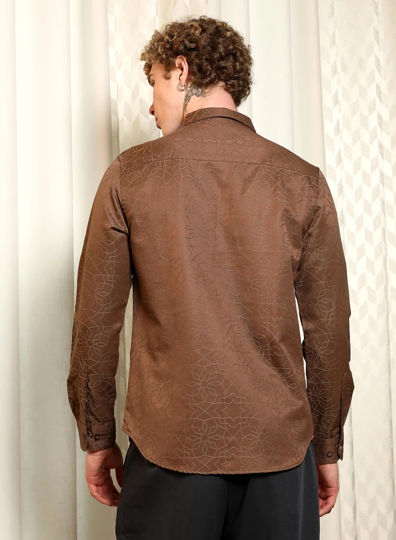 CAHOOT  Men's Brown Jacquard Full Sleeve Tailored Fit Shirt for Men | Best Price UAE