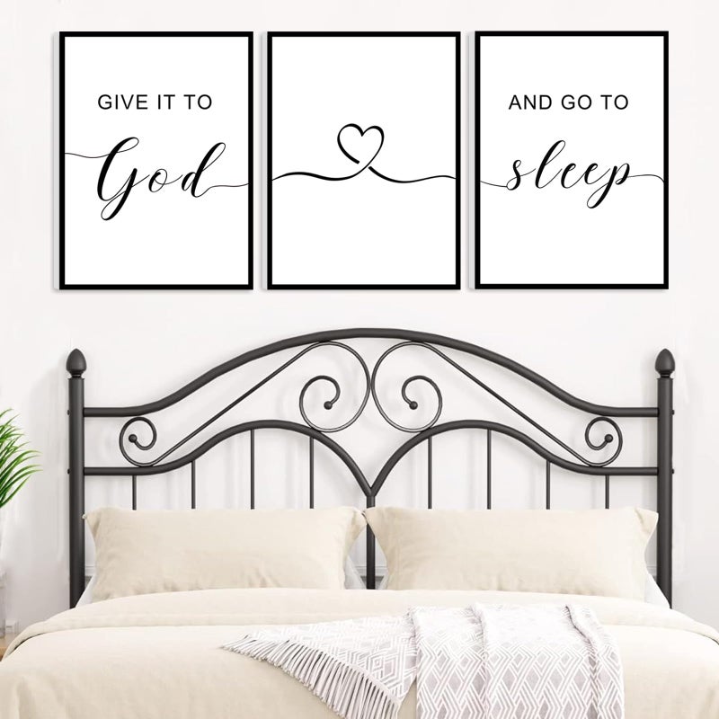 Framed Give it to God and Go to Sleep Signs 36x16 Above Bed Wall Decors Black And White Bedroom Decor 12x16 inches Set of 3 Framed Black