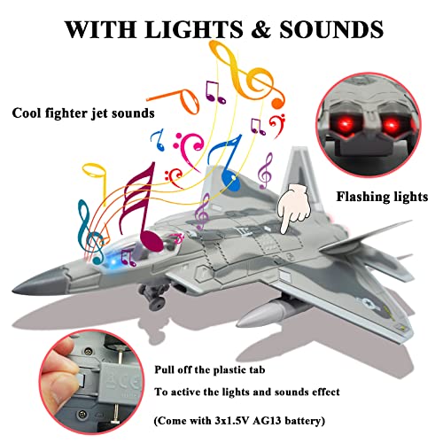 OTONOPI Fighter Jet Toy F-22 Raptor Fighter Bomber Aircraft Diecast Army Fighting Jet 1/100 Airplanes Model with Lights and Sounds for Kids - Image 3