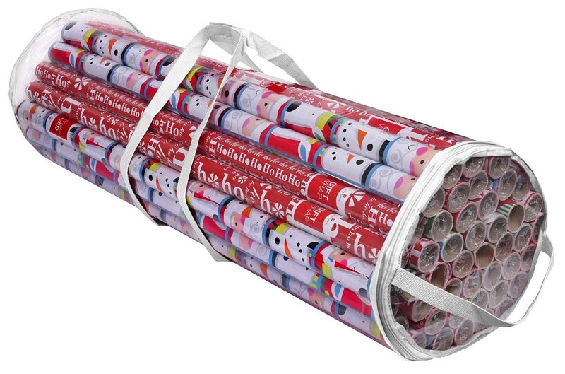 ProPik ProPik Christmas Gift Wrap Organizer Clear Fits 24 Rolls of 40 Inch Long Heavy Duty PVC Wrapping Paper Storage Bag with Handles and Zippered Top Tote Clear Tube Container White Trimming