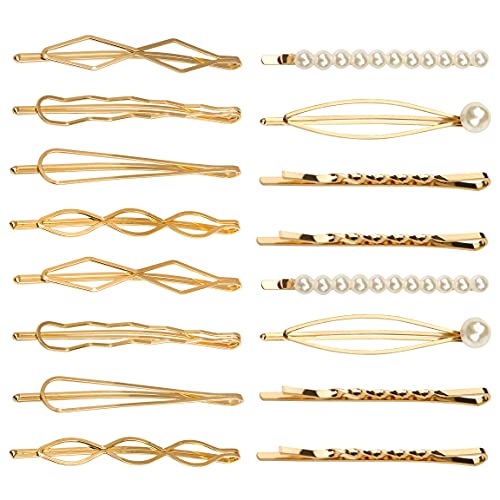 SUMAJU 16 Pieces Geometric Metal Hair Pins, Pearls Hair Clips Elegant Hair Barrettes Bridal Gold Metal Bobby Pins Dainty Embellished Bobby Pins for Woman and Girls - Image 1
