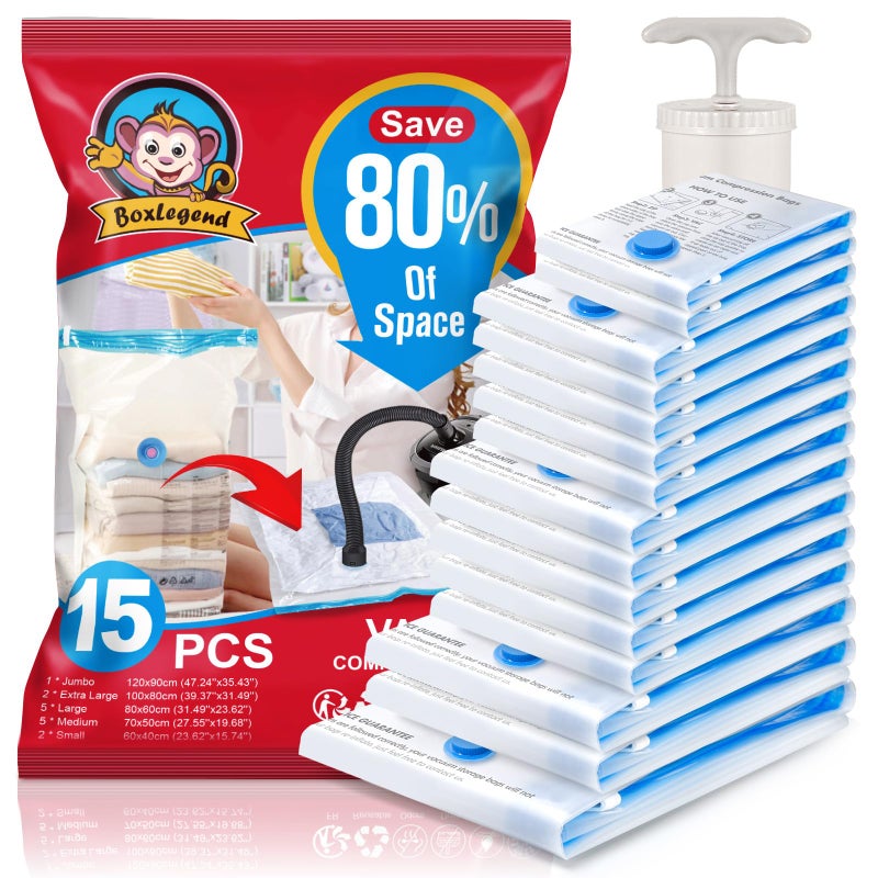 Boxlegend Vacuum Storage Bags With Large Hand Pump 15 Combo (1X-Jumbo  2 Jumbo  5 Large  5 Medium  2 Small) Thickened Vacuum Seal Bags For Clothing Pillow Comforters Bedding 1 Large Pump - Image 1