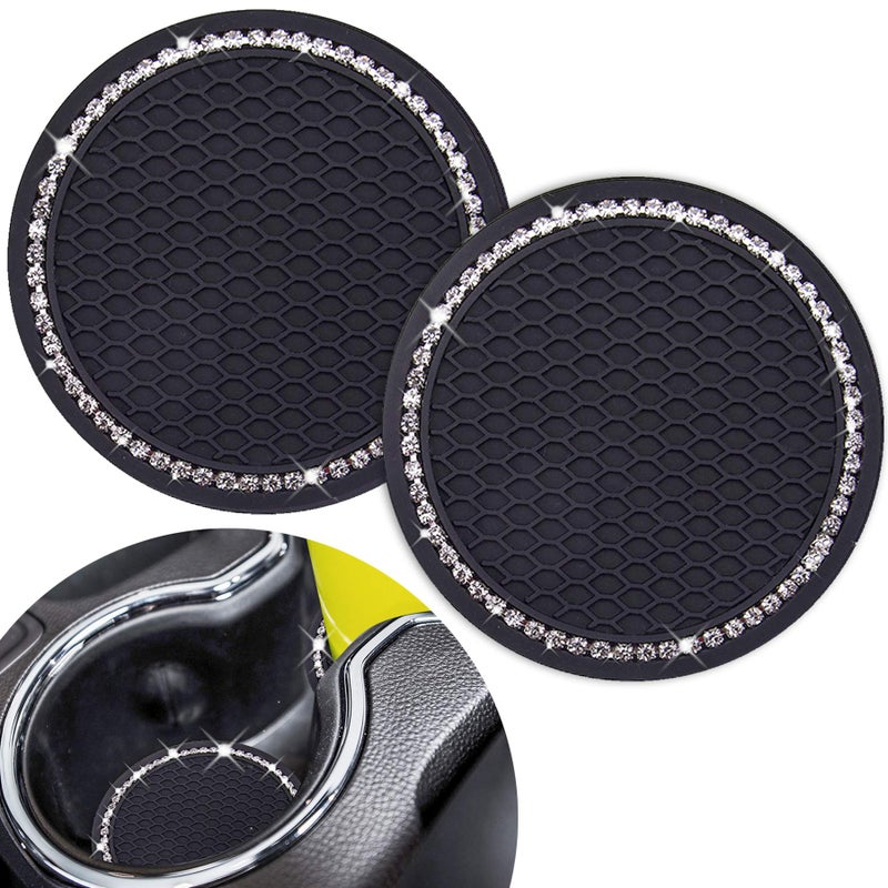 Dermasy Cute Car Cup Coaster,Dermasy 2PCS Universal Vehicle Holder Insert Coaster 2.75 inch Silicone Anti Slip Bling Crystal Rhinestone Auto Accessories for Women & Lady (Black background with white diamond)) - Image 1