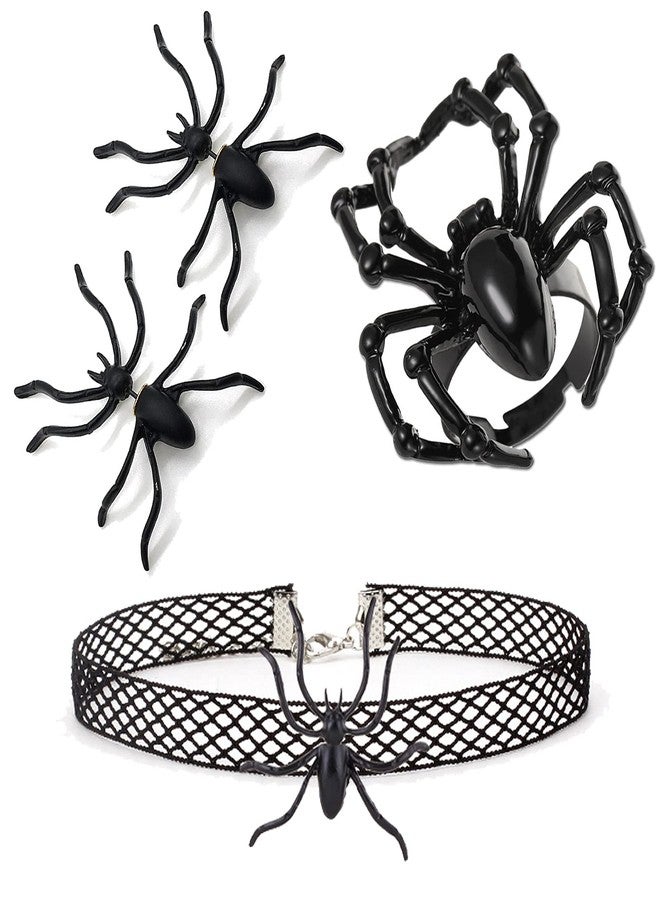 yfstyle Halloween Costumes Choker Necklace Earrings Ring Set Halloween Funny Spider Earrings Black Choker with Spider Charm Vintage Cool Ring Cosplay Accessories Goth Jewelry Sets for Women Spider - Image 1