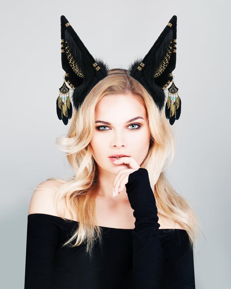 BNLIDES Handmade Furry Animal Ears Headwear Realistic Plush Adult Cosplay Accessory for Party, Anime and Convention Dress-Up (Anubis Black) - Image 3