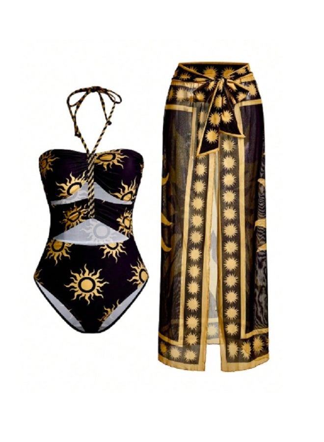 Shein Swim  Women's Sun Graphic 3-Layer Drawstring Printed Mesh Coverup One Piece - Image 1