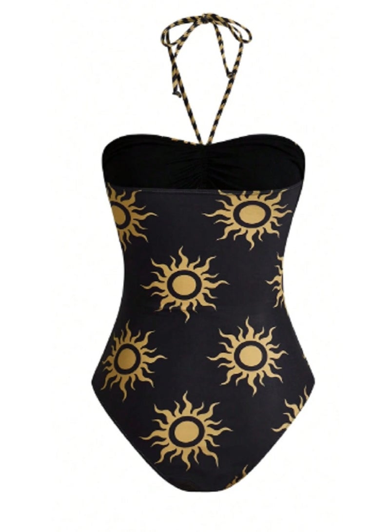 Shein Swim  Women's Sun Graphic 3-Layer Drawstring Printed Mesh Coverup One Piece - Image 2